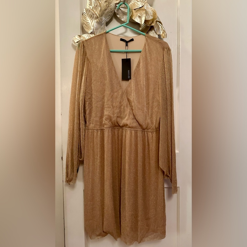 19 Cooper Women V Neck Metallic Bell Sleeve Mini Dress Gold XL